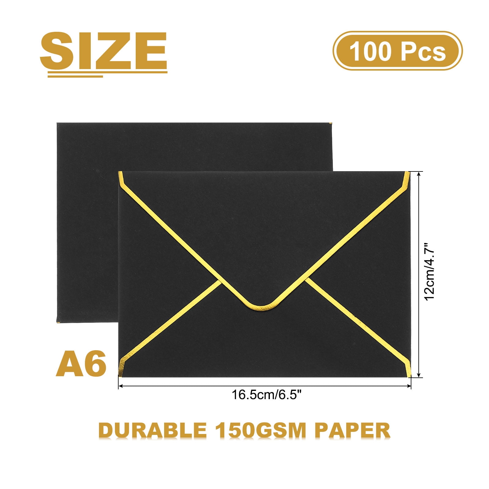 Uxcell 100 Pack A6 Envelopes, 4x6 Card V Flap Envelope Round Edge Valentine Envelopes with Gold Border for Office Wedding Card Invitations Graduation Party Gift, Black