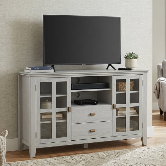 Simpli Home Artisan 53 inch Wide Solid Wood Tall TV Stand in Fog Grey For TVs up to 60 inches