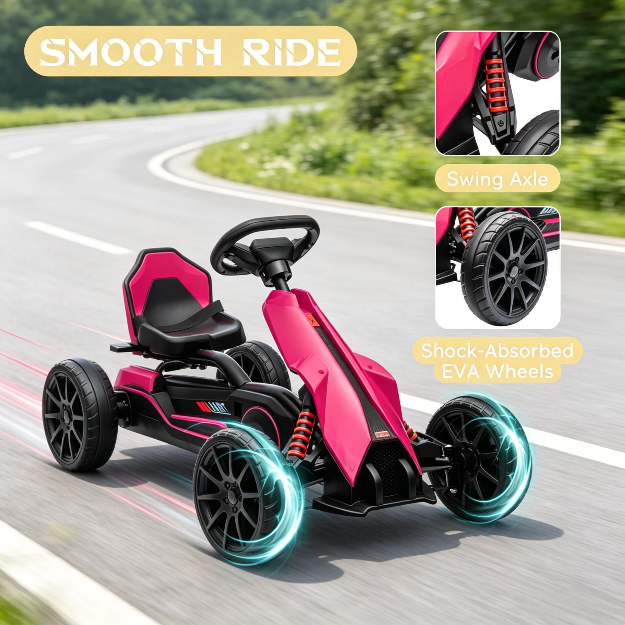 Kids Pedal Go Kart, Adjustable Seat, Durable Swing Axle, Safe Outdoor Ride-On Toy, Pink
