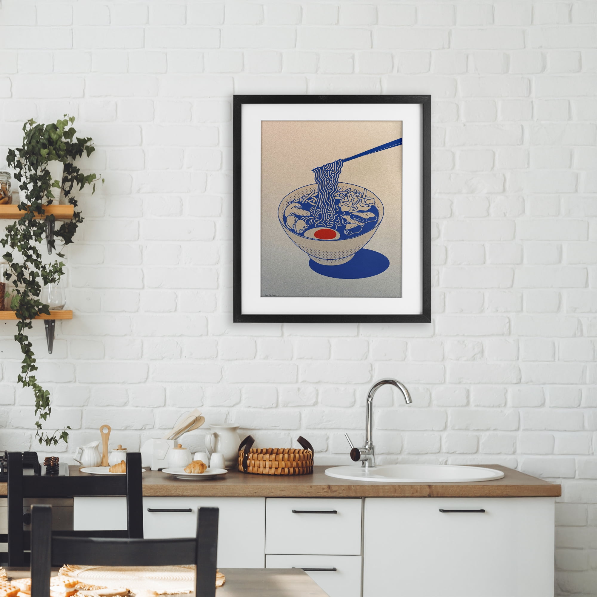 Ramen Noodle Bowl Gradient Black Framed Print Under Glass, design by Seven Trees Design
