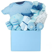 A Little Love Baby Boy Gift Basket with Cotton Onesie, Swaddling Blanket, Hat, Socks, Non-Scratch Mittens and Washclothes
