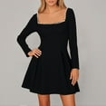 thumbnail image 2 of MIXUE Summer Dresses for Women Solid Color Square Collar Long Sleeve Ruffle Hem Party Club Elegant Mini Dress Beachwear,Black,S, 2 of 9