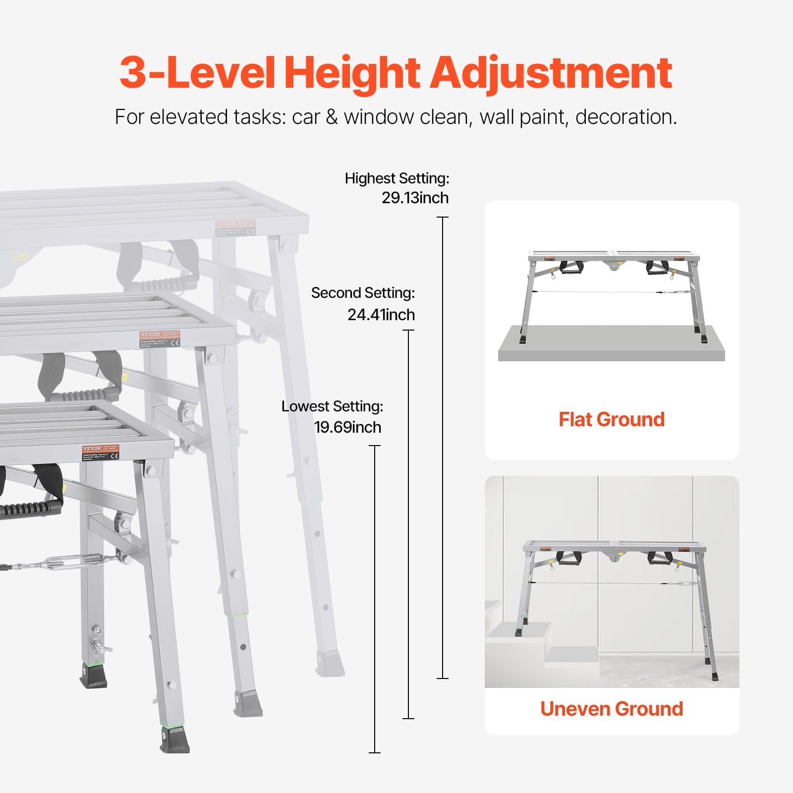 VEVOR Work Platform, 3 Gear Adjustable Height, Folding Alloy Steel Step Ladder, Portable Scaffolding Platform, 400 lb Load Capacity,Non-Slip Rubber Feet, Drywall Painting Stool,for Cleaning &Washing