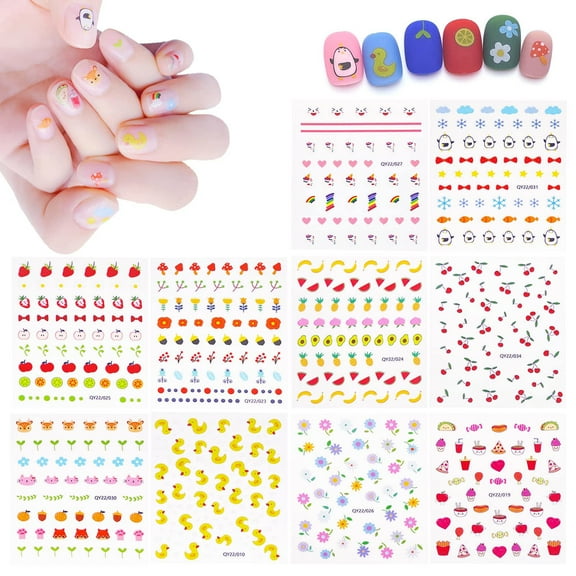 Nail Stickers for Women and Little Girls - 12 Sheets 3D Self-Adhesive DIY Nail Art Decoration Set Including Flowers Leaves Animals Plants Fruits Nail Decals for Woman Kids Girls