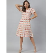 Janasya Indian Round Neck Half Sleeve Printed Off White Cotton Western Dress For Women