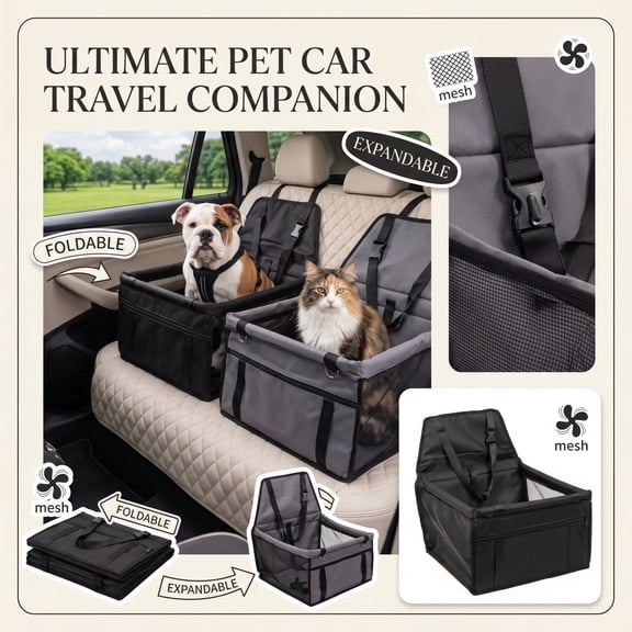 Portable Pet Car Seat Carrier for Small Dogs Cats, Breathable Mesh Travel Booster Bag with Safety Harness for Car Trips Road Trips Pet Owners 16 Inch Gray