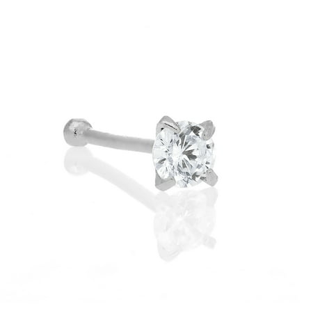 14K Solid White Gold Nose Ring Bone CZ Prong Ring 2mm 20