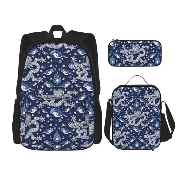 Disketp Dragon Mochila Estampada de Gran Capacidad con Lonchera y Estuche, Set de 3 Piezas para Estudiantes