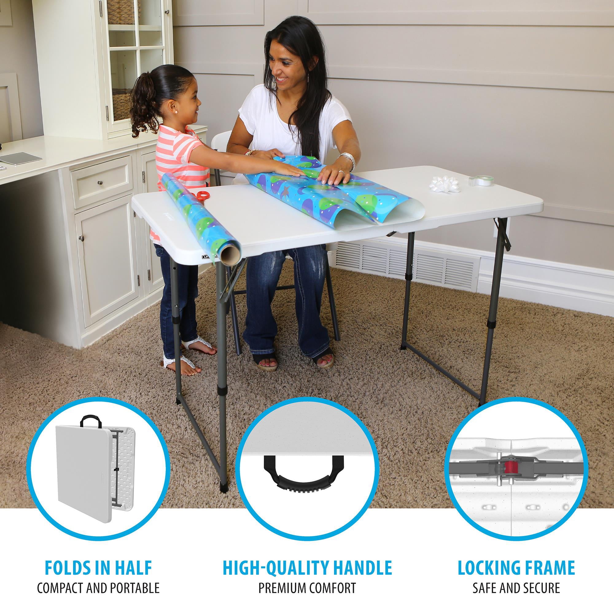Lifetime 4 Foot Fold in Half Adjustable Height Table Indoor Outdoor Essential White 80509