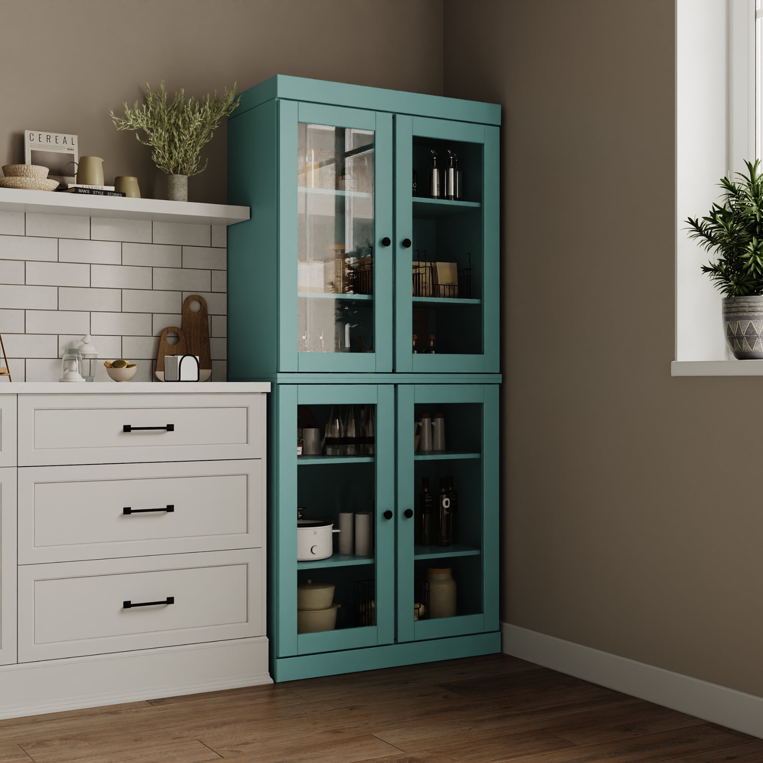 Palace Imports 100% Solid Wood Kitchen Pantry Storage Cabinet with Glass Doors and Adjustable Shelves, Aqua Blue