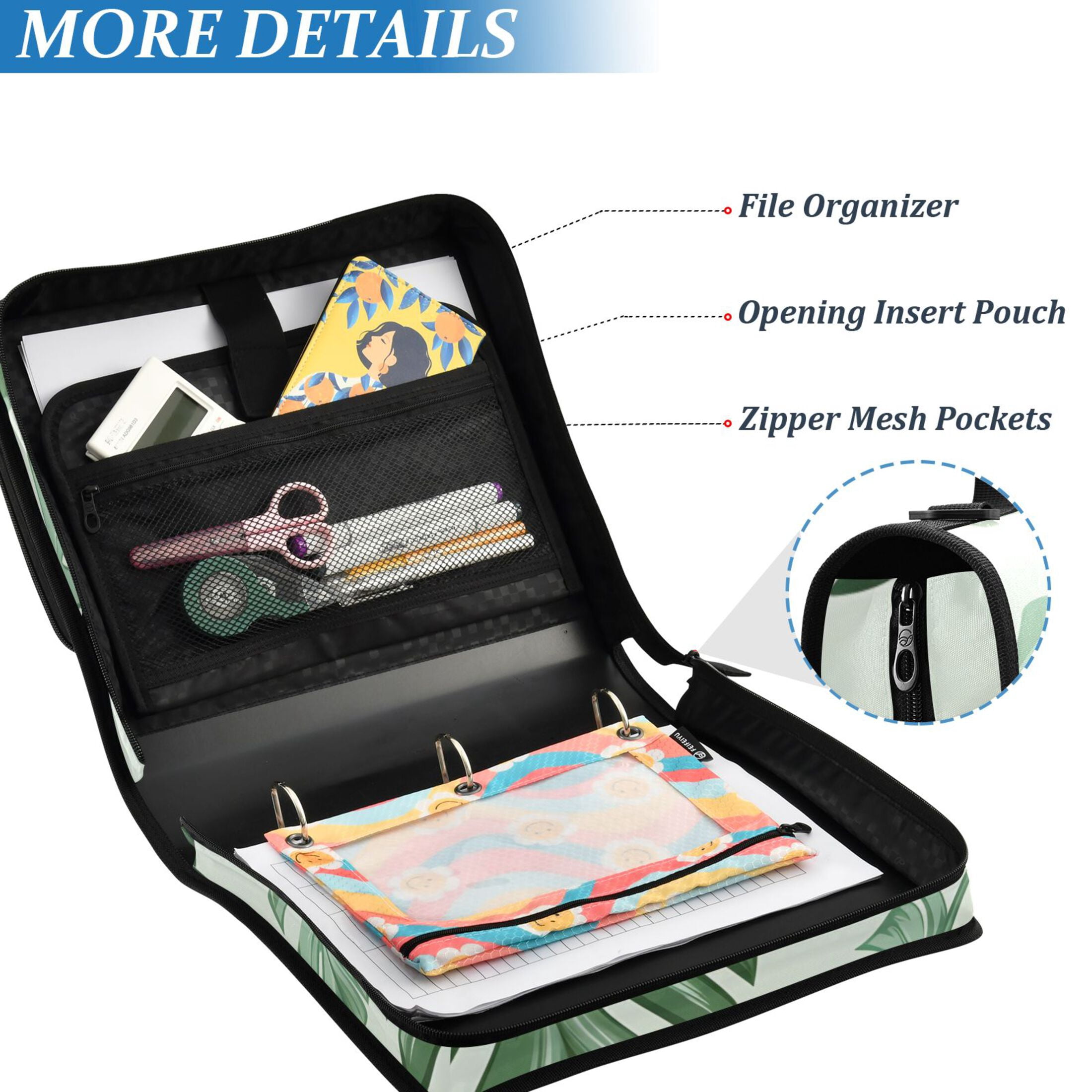 ALAZA Zipper Binder Tropical Leaves 3 Ring Trapper Keeper File Folder Organizer Bag