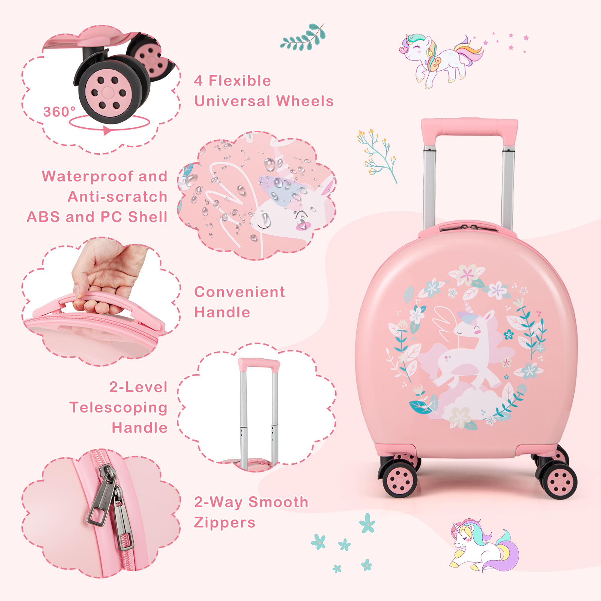 Gymax 4-Piece Kid's Luggage Set w/ 14'' Carry-on Hardside Spinner Toddler Luggage Pink