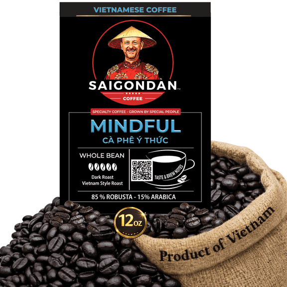 Saigondan Whole Bean Coffee - Mindful | Dark Roast | Robusta & Arabica Blend | Vietnamese Single Origin | Roasted in Small Batch | Direct Trade | Full Bodied | No Preservatives | 12 Oz