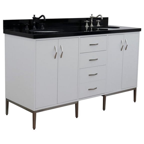 Tivoli 61" Double Oval Sink Solid Wood Vanity in White/Black Galaxy