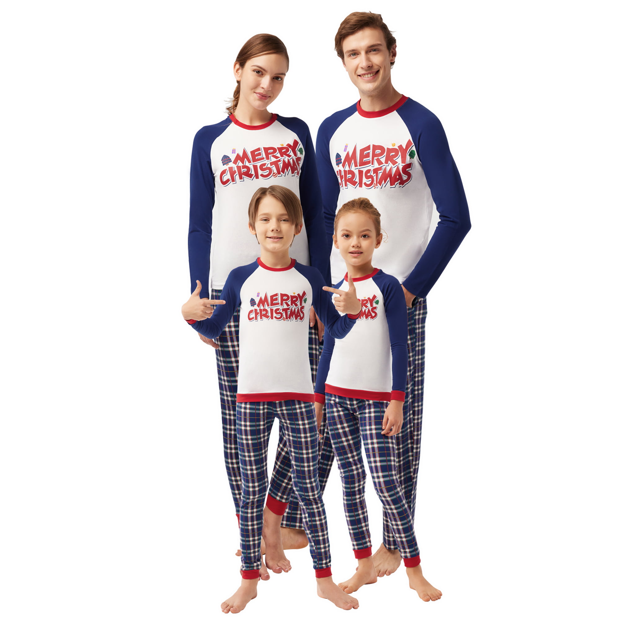 SIORO Matching Family Christmas Pajamas Set PJ's Sleepwear Letter Printed  Top with Plaid Bottom, Blue and white plaid, Men_M