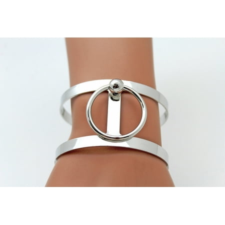Bangle Silver Ring - Women Silver Metal Cuff Bracelet Wide Bangle Cut Out Ring Fancy Jewelry