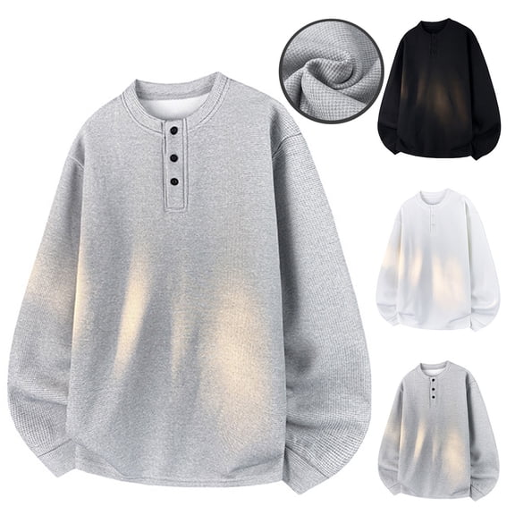 Miluxas Henley Long Sleeve Shirts for Men Waffle thermal Fashion Casual Tee Shirt Three Button Pullover with Pocket White