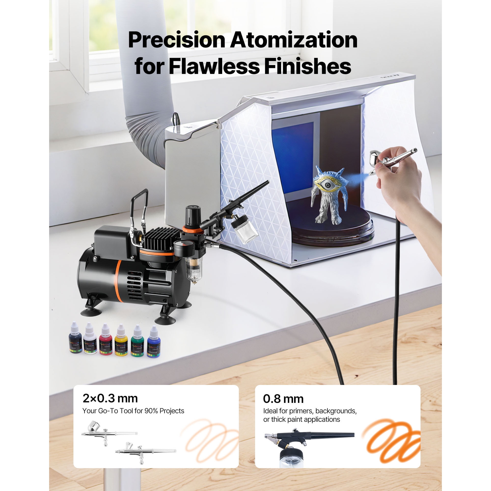 KFFKFF Airbrush Kit with 1/6 HP Compressor, Includes 3 Dual-Action Airbrushes, 3 Nozzles, Hose, Acrylic Paint, Dual Fans, Quiet Operation, Ideal for Cake Decorating, Model Painting, and Nail Art