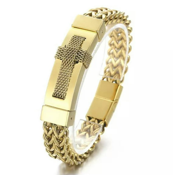 EOEMY 8.66" Heavy 316L Stainless Steel Meshed Franco Chain Cross Men'S Bracelet 12mm-Gold