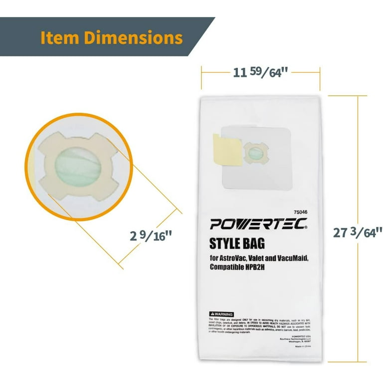 POWERTEC 75046 HEPA Filtered Vacuum Bag Replacement HPB2H Style Bags Fits AstroVac Valet and VacuMaid Model (3-pack)