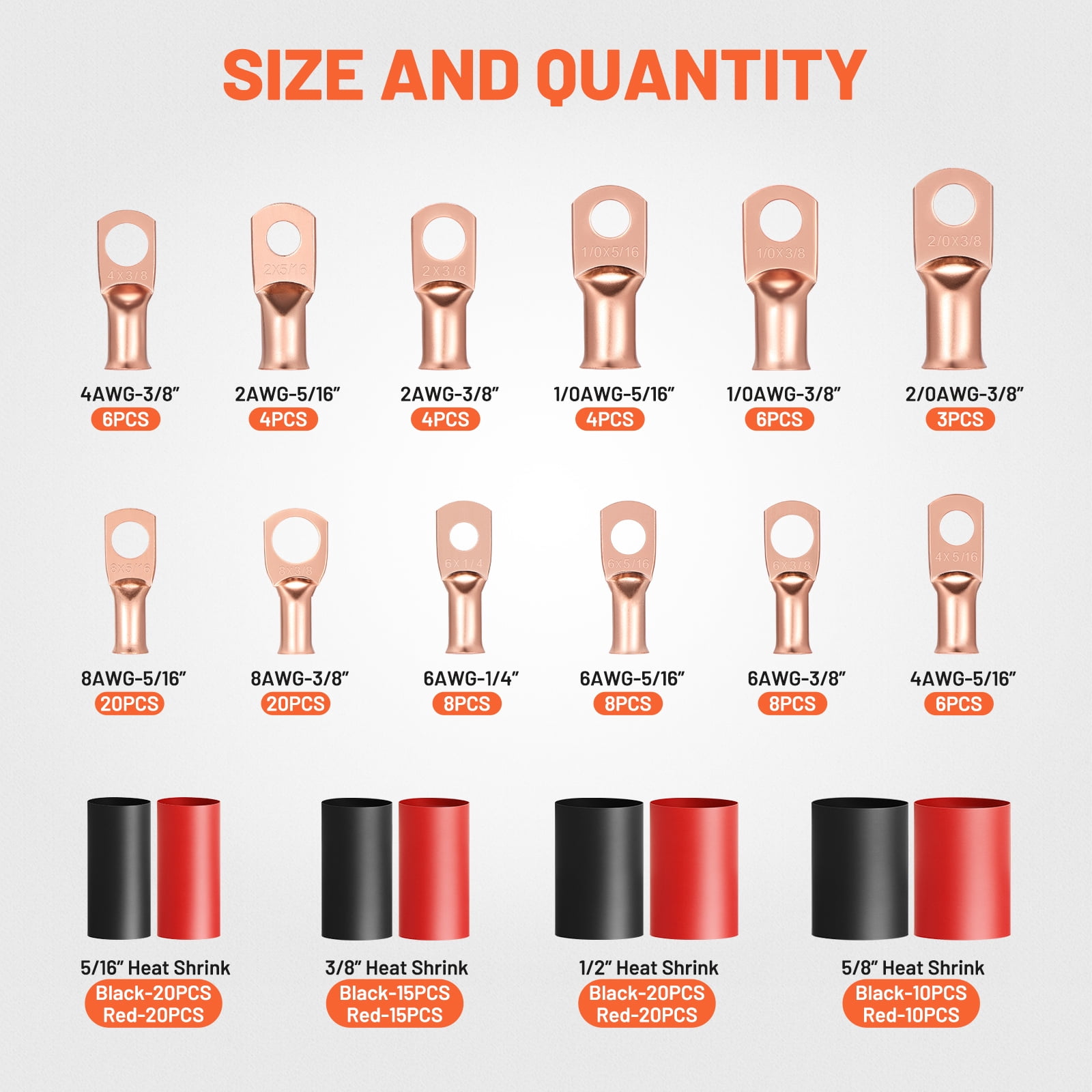 Filluck 227PCS Battery Cable Ends Kit, 1/0 2/0 2 4 6 8 AWG Copper Wire Lugs with 3:1 Heat Shrink Tubing, Ring Battery Terminal Connectors for Automotive, RV, Marine, Solar Systems