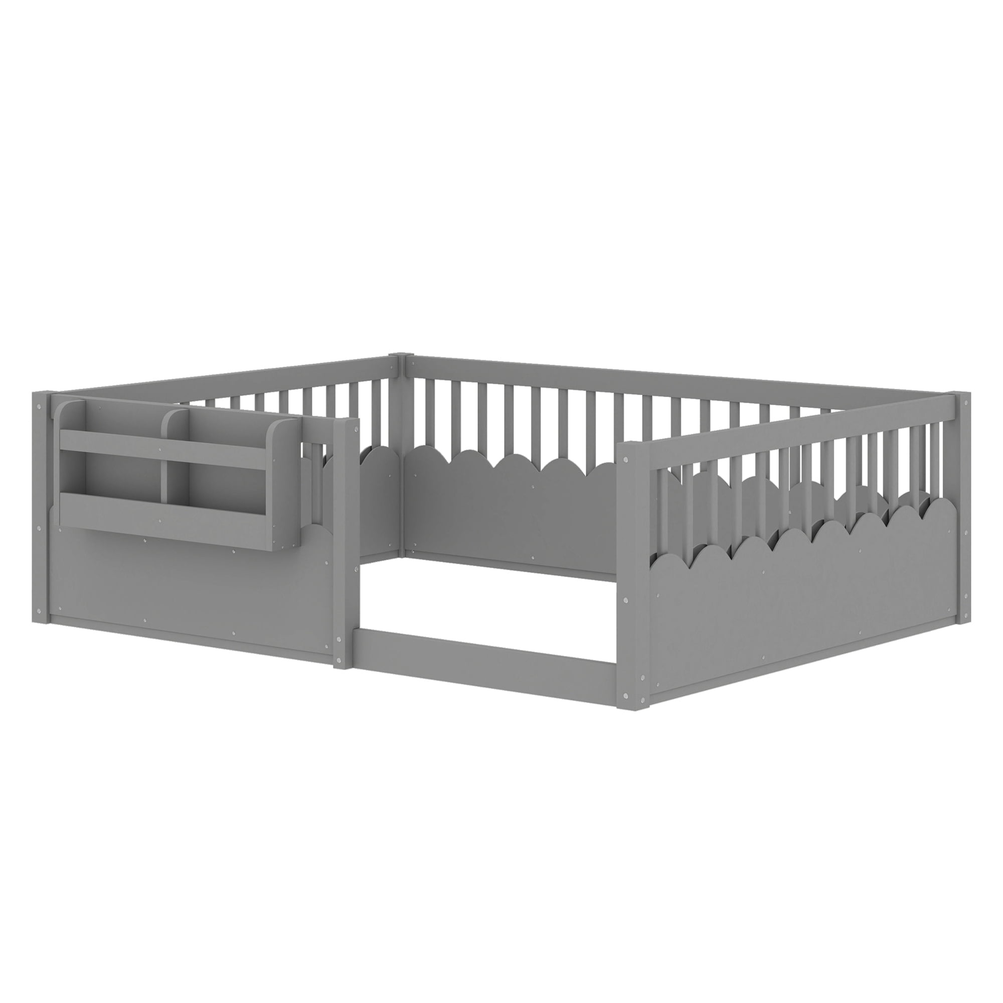 Mintazer Full Montessori Floor Bed with Bookshelf & Heightened Fence, Kids Wood Floor Bed for Boys and Girls, Gray