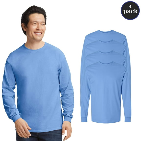 Gildan Adult’s Ultra Cotton Long Sleeve Carolina Blue Bulk Pack of 4 T-Shirt, Crewneck Rib Collar Casual Tee, S