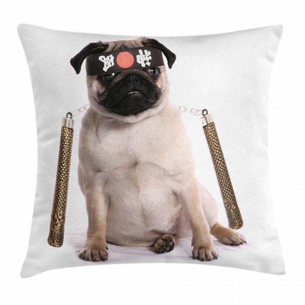 Pug Throw Pillow Cushion Cover Ninja Puppy With Nunchuk Karate Dog Eastern Warrior Inspired Costume Pug Image Decorative Square Accent Pillow Case 20 X 20 Inches Cream Black Gold By Ambesonne