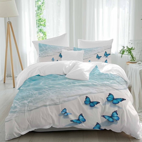 3 Piece Blue Butterfly Coastal Duvet Cover Set Queen Size, Microfiber Comforter/Quilt Cover with Corner Ties and 2 Pillowcases, Summer Beach Ocean Nautical All Season Soft Bedding with Zipper Closure