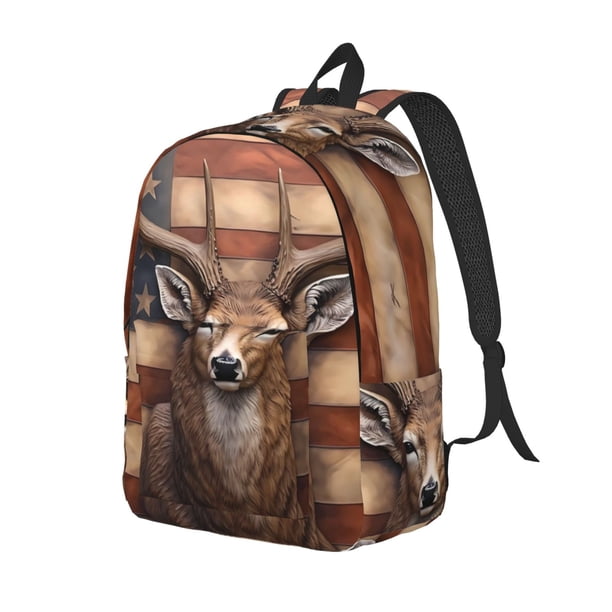 Balery Deer American Flag Wall Mochila Clásica Impresa Básica para Viaje, Mochila Escolar Resistente al Agua, Mochila de Lona con Correas Ajustables-Medium