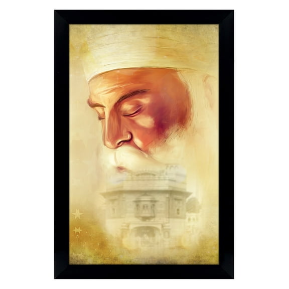 IBA Indianbeautifulart Guru Nanak Dev Ji Giving Blessings Sikh Religious Poster With Frame Wooden Photo Frame Ready To Hang Must For Home / Office / Gift Purpose