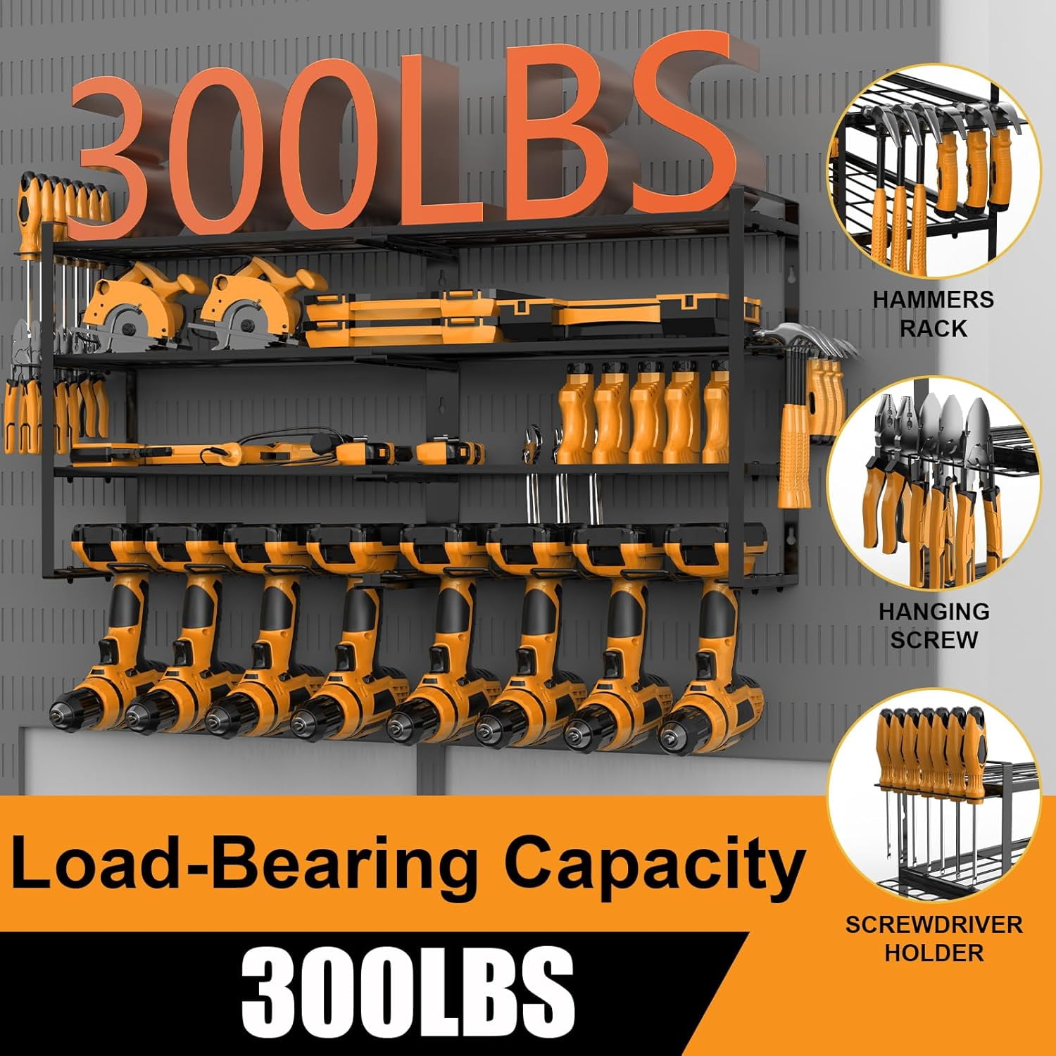 4 Layer Wall Mount Tool Organizer with 8 Drill Holder, Heavy Duty Storage Rack for Garage