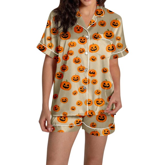 Puliio Halloween Womens Pajamas 2 Piece Set Pumpkin Print Short Sleeve Button Down Loungewear Cozy Shorts Nightwear Sets with Pocket