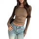 thumbnail image 1 of Blusas de Cuello para Mujer, Camisas de Larga con Pliegues en la Cintura, Camisetas Casuales Ajustadas, Ropa Básica de Otoño de Colores Sólidos Marrón S, 1 of 10