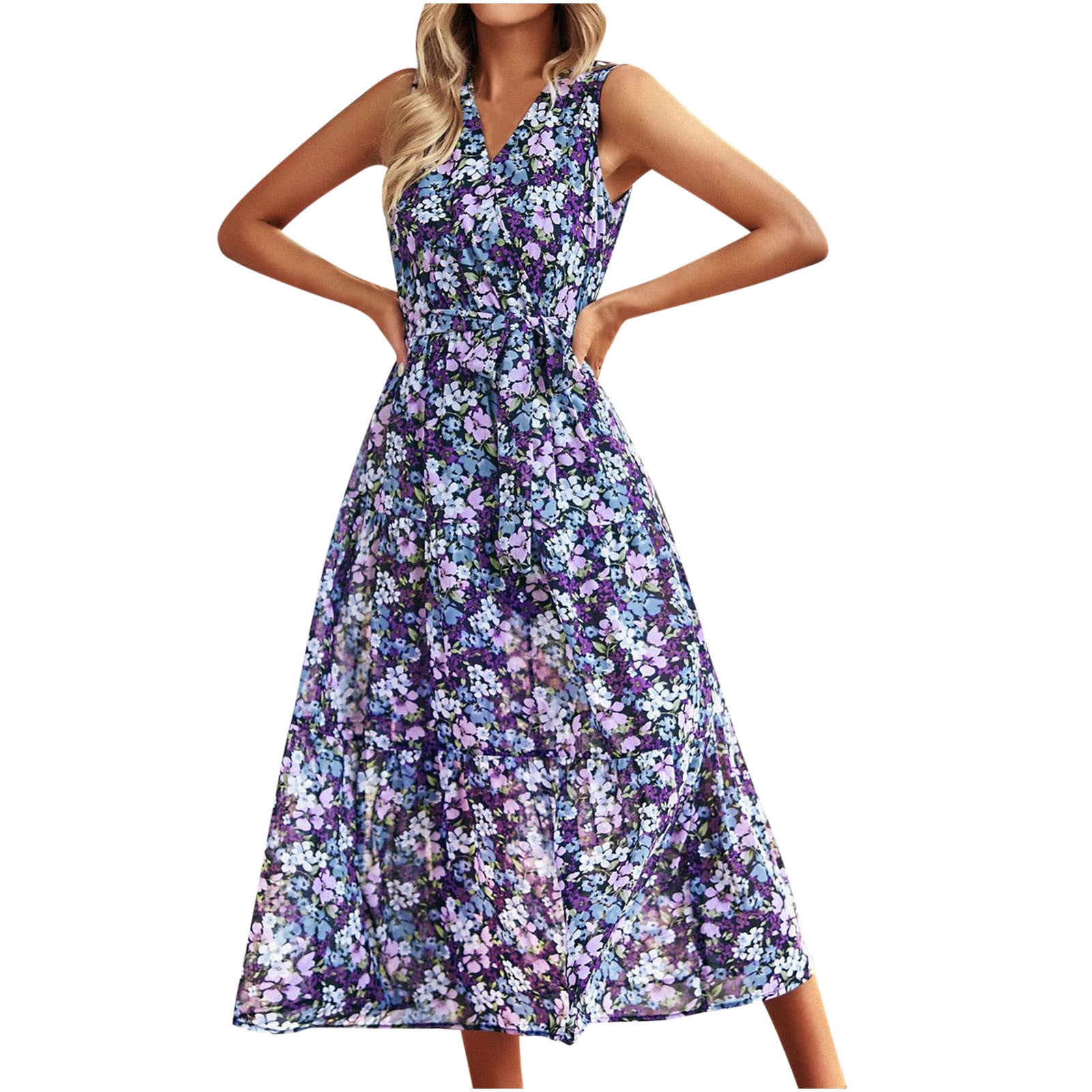 VSSSJ Womens Casual Sleeveless Wrap Dresses Retro Floral Print V Neck ...