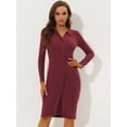 thumbnail image 4 of INSPIRE CHIC Vestido midi ajustado de punto con abertura frontal y manga larga con cuello en V y botones para mujer borgo?a M, 4 of 5
