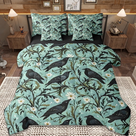 Erosebridal Black Raven 7-Piece Twin Bedding Sets,Natural Plant Floral Bedding Comforter Set For Men Women,Reversible