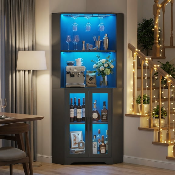 Haverchair 65" Tall Corner Bar Cabinet with LED Light, 4-Tier Liquor Display Cabinet with Glasses Holders, Modern Wine Bar Cabinet with Tempered Glass Door and Adjustable Shelf for Dining Room, Black