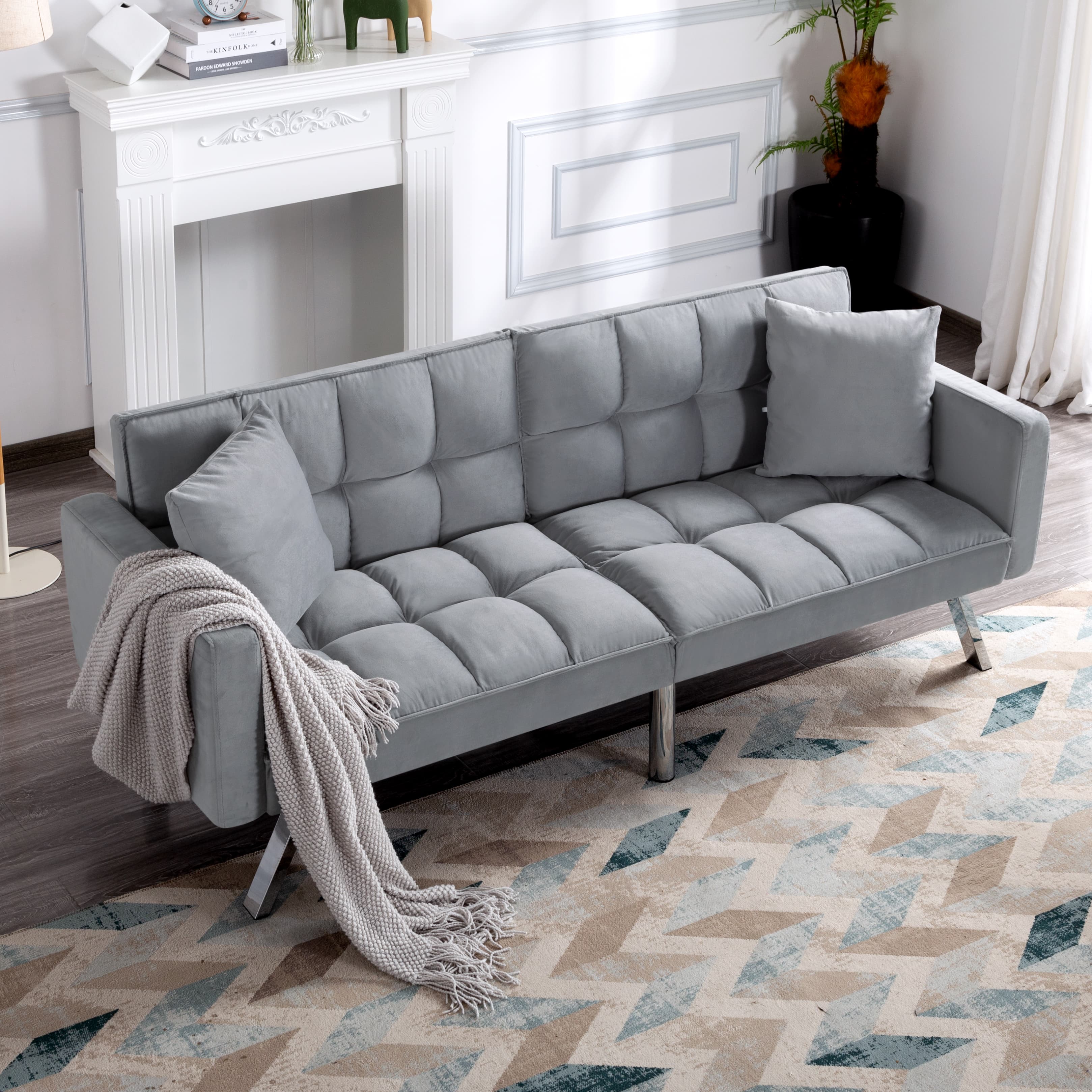 BSHTI Velvet Futon Sofa Bed 74” Convertible Sleeper – Split-Back 3-Position Adjustable, Solid Wood Frame, 2 Pillows, Easy Assembly, for Living Room Office Guest Room, Gray