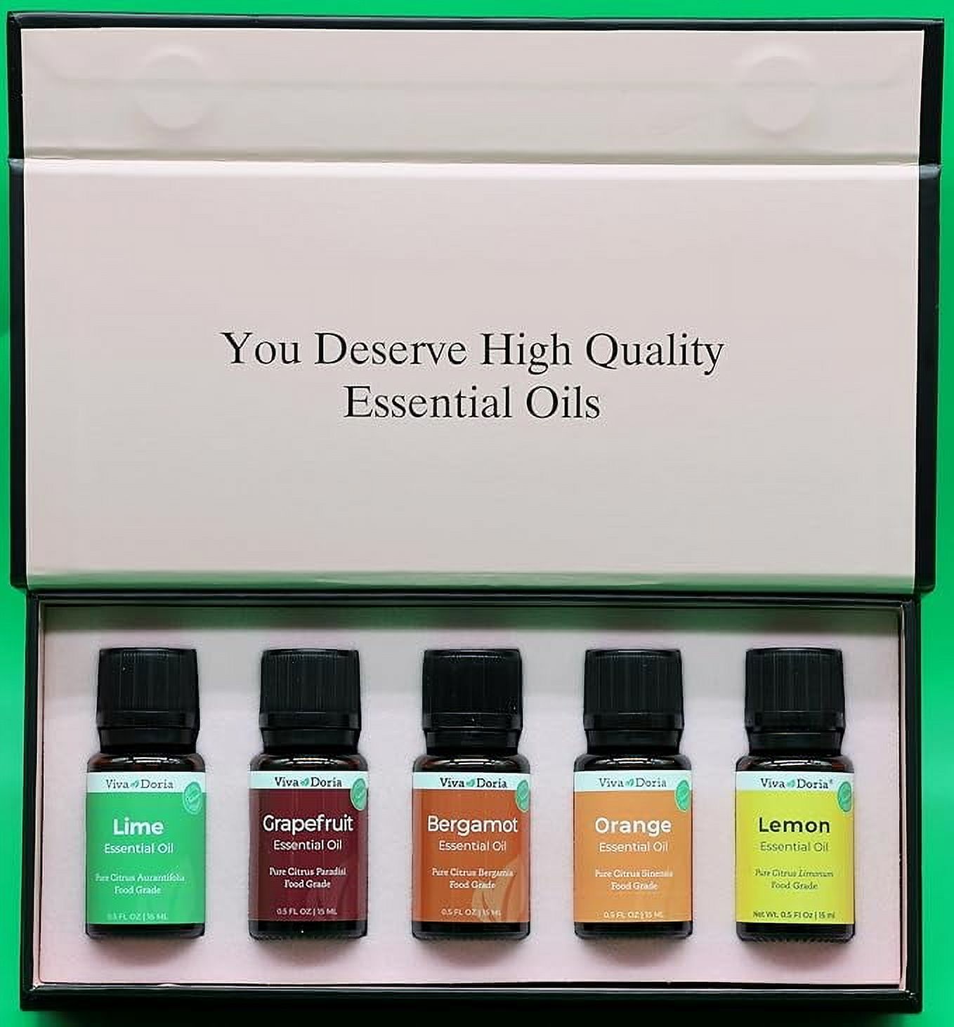 Viva Doria Food Grade Citrus Essential Oils, 5 Essential Oils (Lemon, Lime, Orange, Bergamot, Grapefruit), 5pcs/0.5 fl Oz Bottles