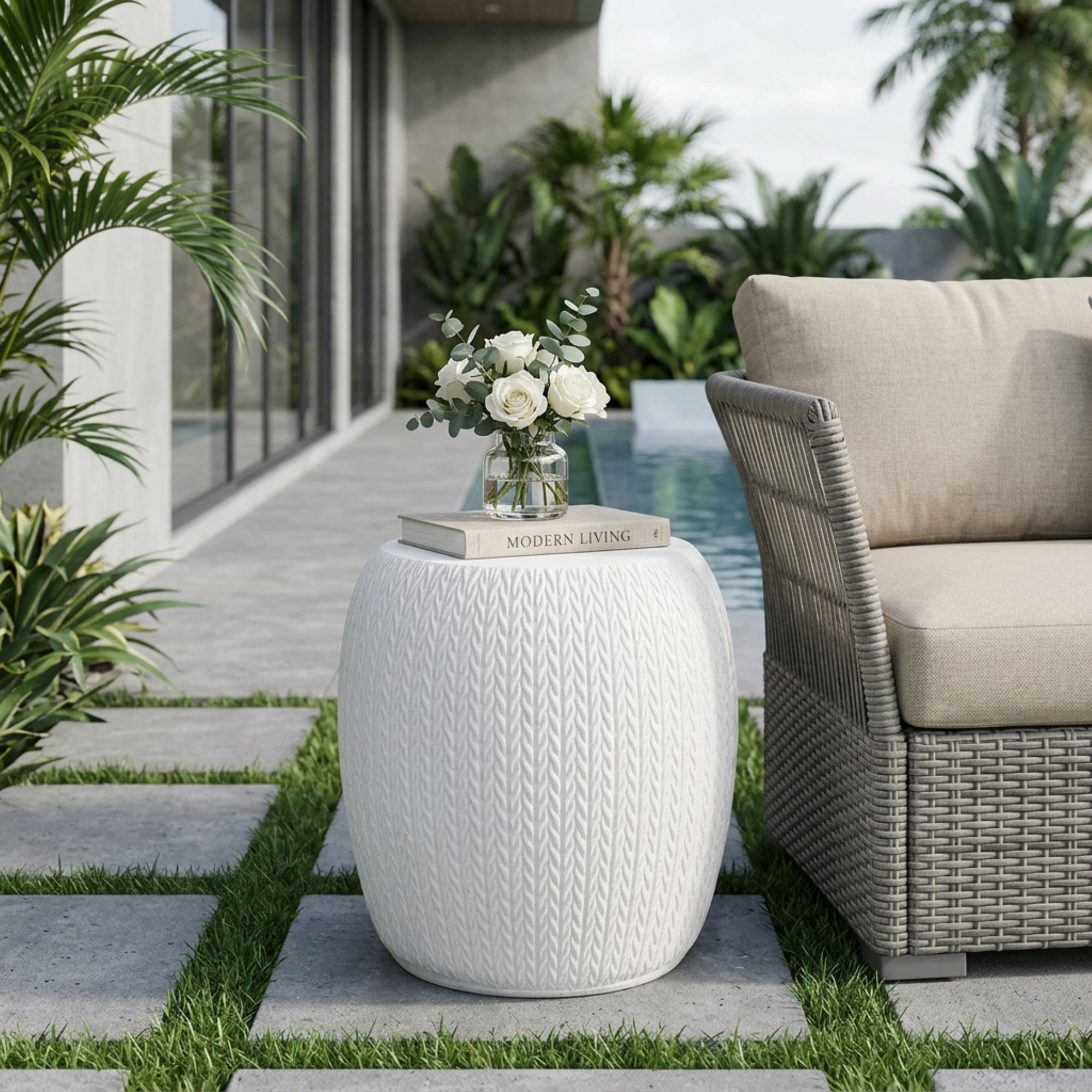 Outdoor Braided Texture Side Table, Lightweight Concrete Craft for Patio Garden, White
