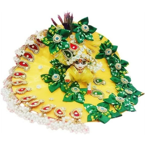 Shree Krishna Embroidered Yello-Green Peacock Theme Dress & Pagdi (Turban) Set Handstitched Bal Krishna Designer Dress-of Net-Satin Fabric for Indian Traditional Spritual Ornaments