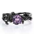thumbnail image 1 of JeenMata Anillo de Bodas Solitario con Hoja y Enredadera Amatista Violeta de Talla Redonda de 0,5 TCW; Baño de Oro Negro de 18 K sobre Plata, 1 of 6