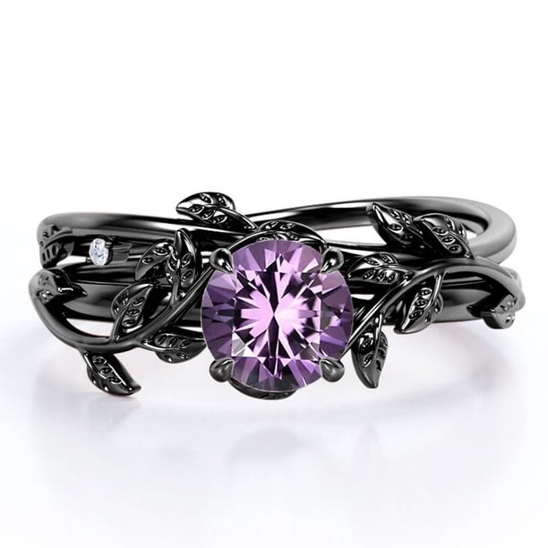 JeenMata Anillo de Bodas Solitario con Hoja y Enredadera Amatista Violeta de Talla Redonda de 0,5 TCW; Baño de Oro Negro de 18 K sobre Plata