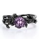 thumbnail image 1 of JeenMata Anillo de Bodas Solitario con Hoja y Enredadera Amatista Violeta de Talla Redonda de 0,5 TCW; Baño de Oro Negro de 18 K sobre Plata, 1 of 6