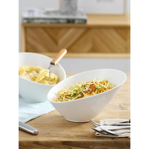 23 OZ Slanted Salad Bowls - 9.5" Ceramic White Bowls for Restaurant & Daily Use