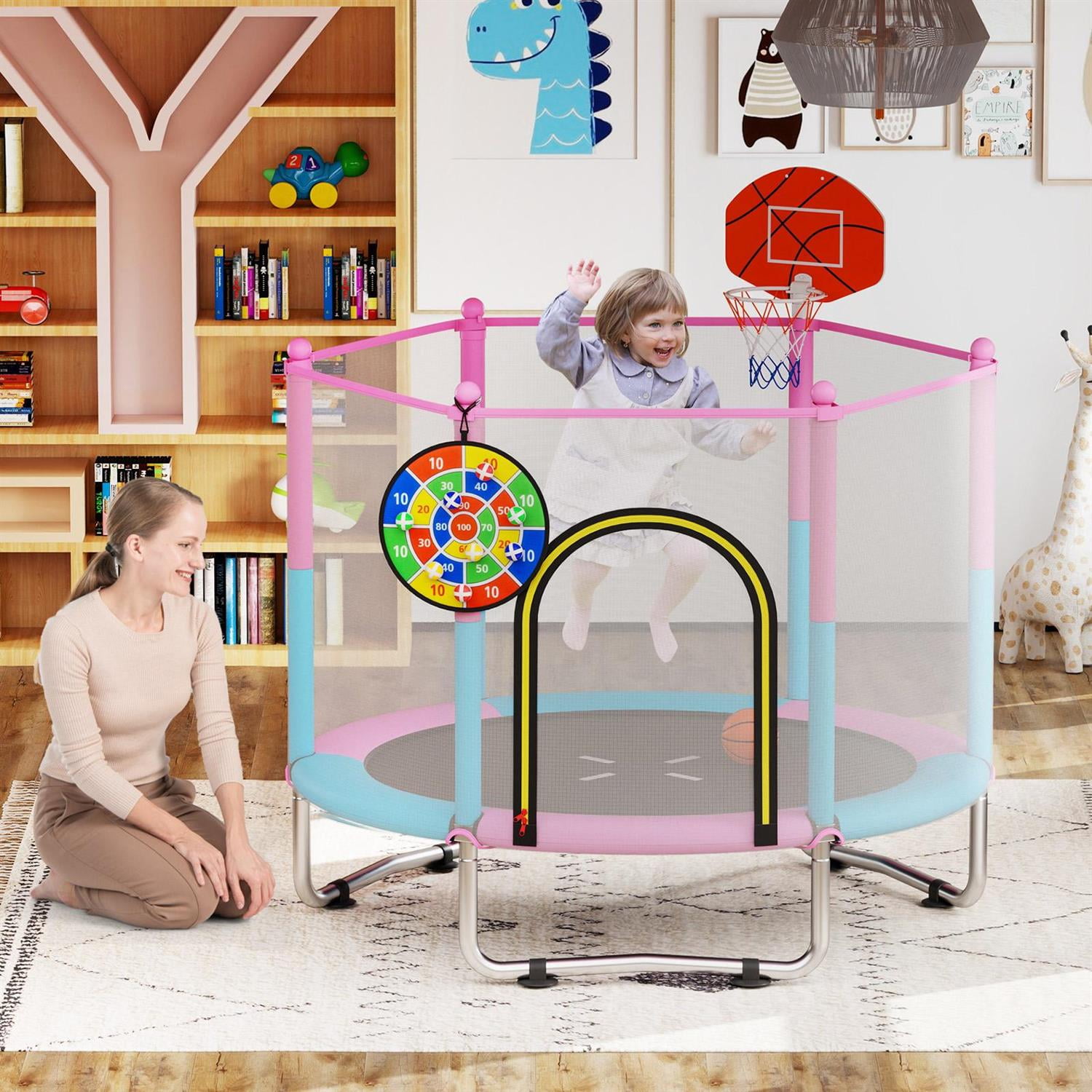 Spaco 60-Inch Toddler Trampoline, Anti-Slip Suction Cups, No-Gap Safety Construction, Integrated Basketball Hoop, Multicolor