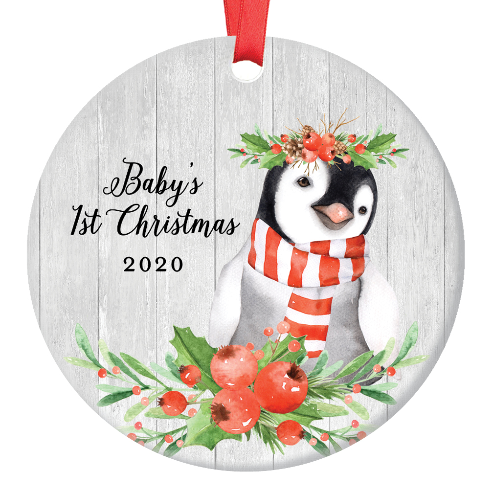 Baby's 1st Christmas 2020 Ornament Sweet Infant Girl Penguin First Holiday Newborn Daughter Ceramic Keepsake Present to New Parents Mommy & Daddy 3" Flat Porcelain w Red Ribbon & Free Gift Box OR00596 - image 1 of 2