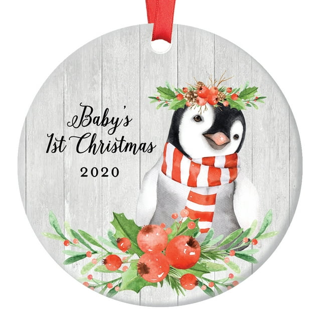 Baby's 1st Christmas 2020 Ornament Sweet Infant Girl Penguin First Holiday Newborn Daughter Ceramic Keepsake Present to New Parents Mommy & Daddy 3" Flat Porcelain w Red Ribbon & Free Gift Box OR00596