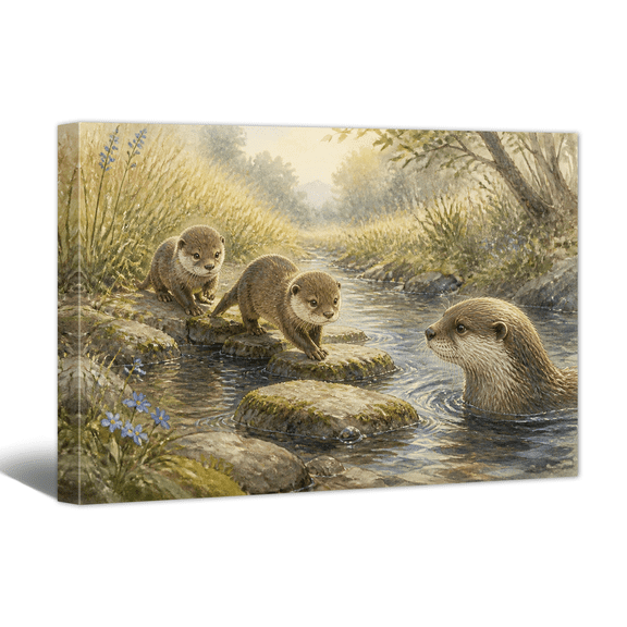 Otter Family Hang Out Canvas Wall Art Parent Accompany Baby Picture Print, Rustic Warm and Cozy Artwork Safari Animal Painting for Nursery, Home, Living room Wall Decor